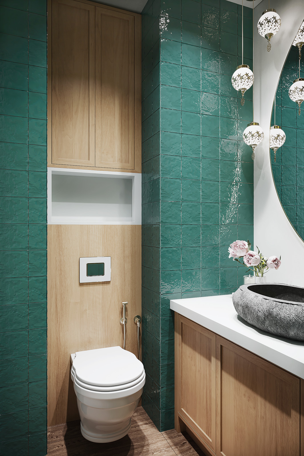 Изумрудный санузел в квартире в восточном стиле