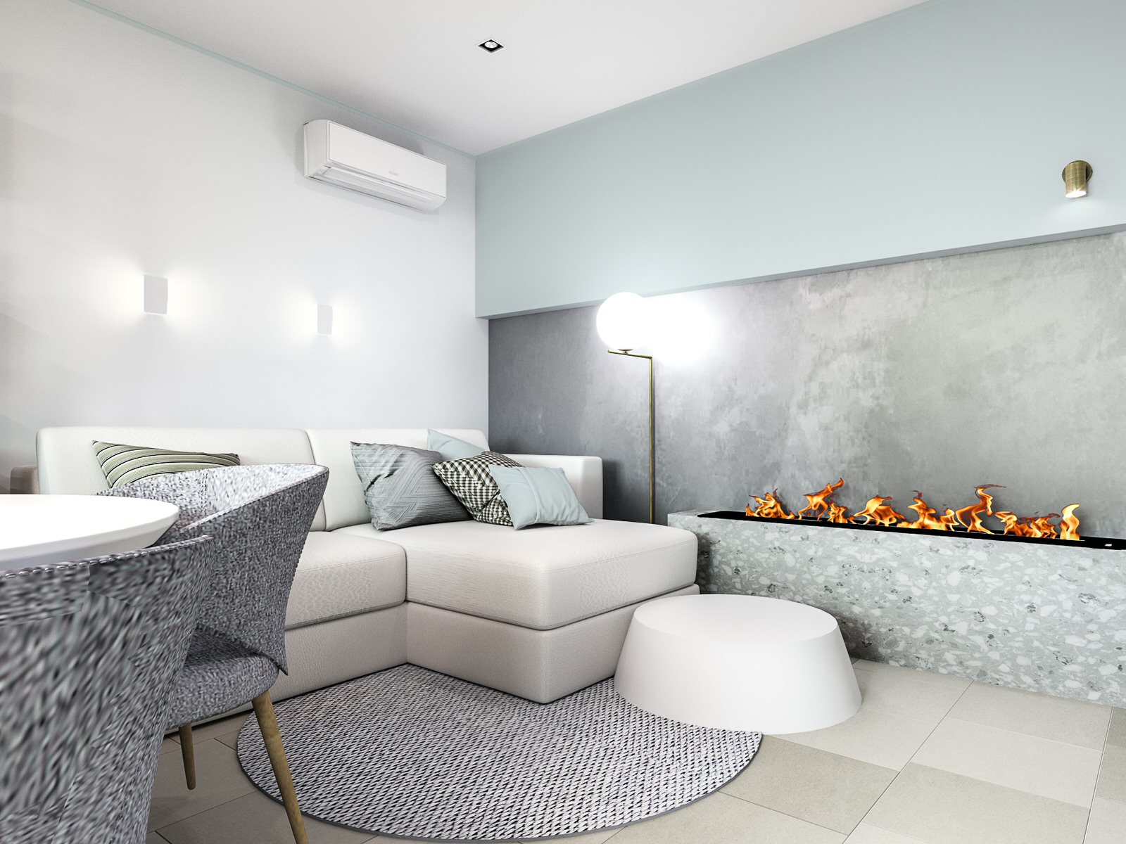 Soft-minimal кухня-гостиная с панорамным остеклением