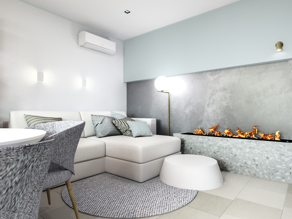 Soft-minimal кухня-гостиная с панорамным остеклением