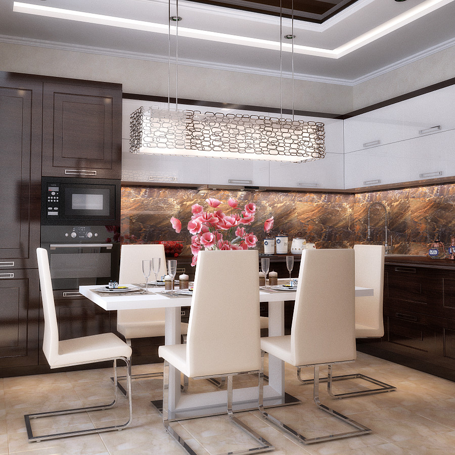 Cream and chocolate colors in living room and kitchen design