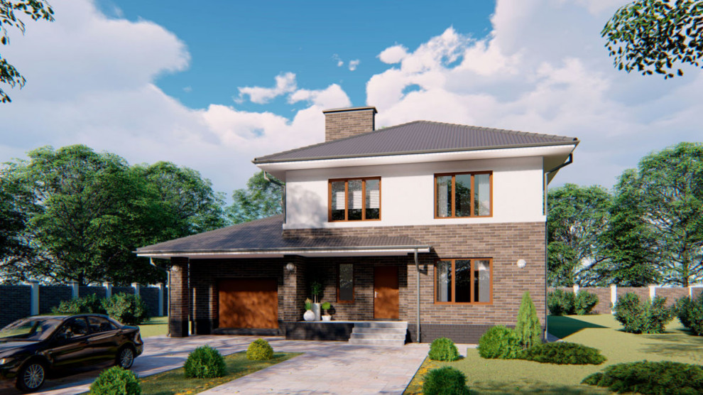 Обложка проекта: Проект двухэтажного дома с гаражом, балконом и террасой