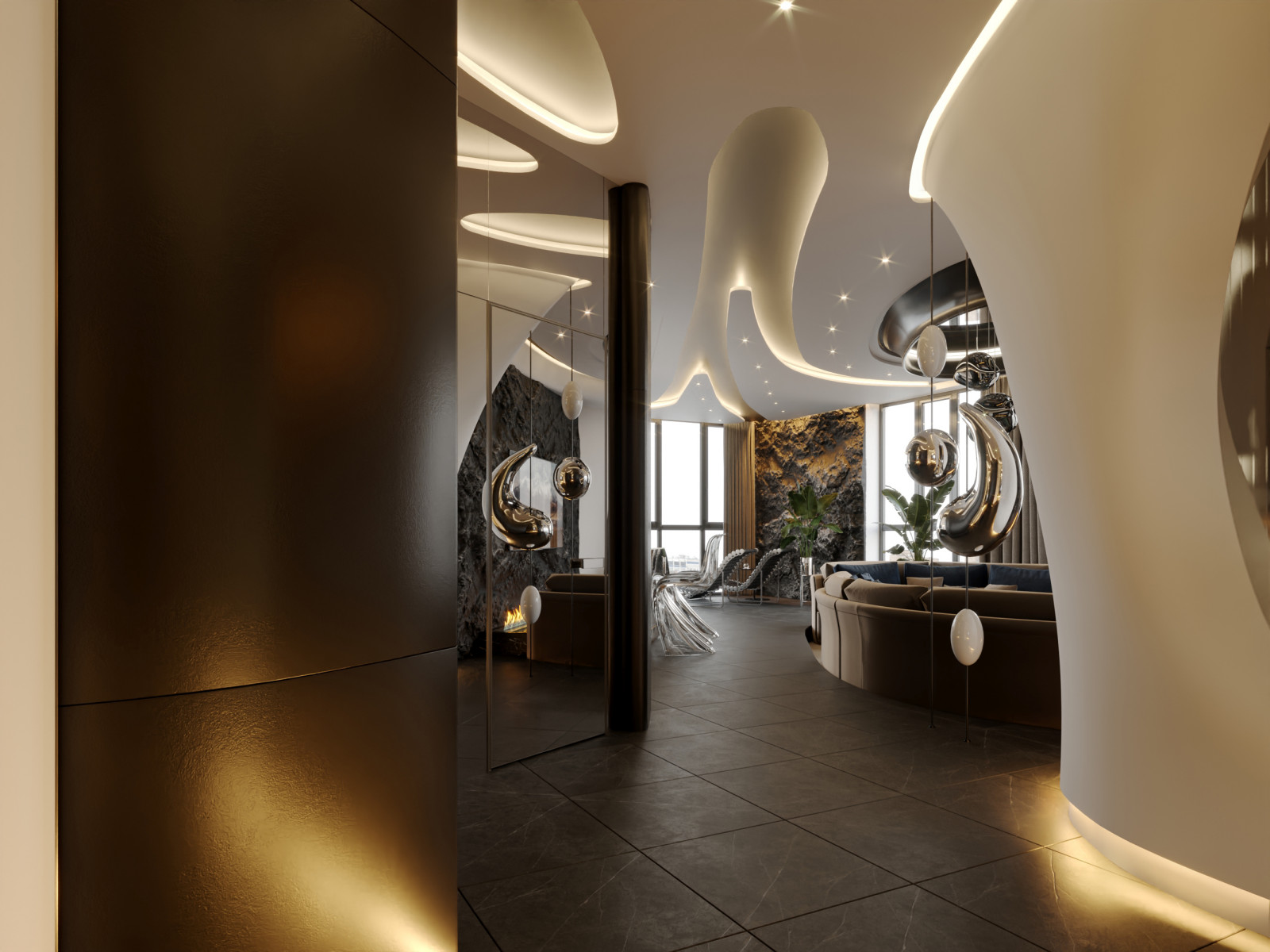 Роскошная гостиная в эклектике с элементами хайтека и минимализма, ЖК "Мегаполи"