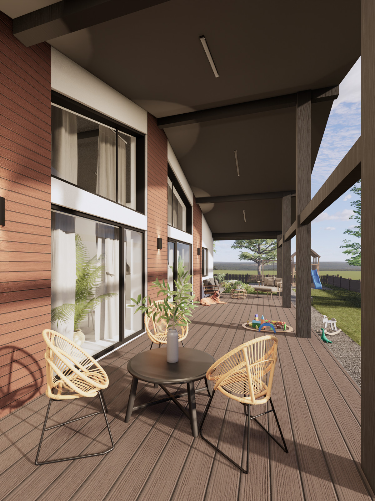 Одноэтажный дом с открытой террасой