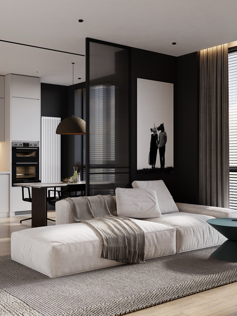 Визуализация зоны гостиная кухня в ЖК на Береговой в городе Москва