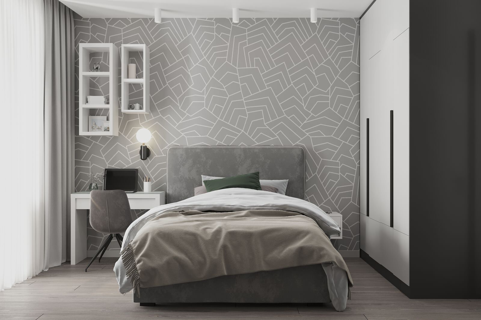 Спальня с рабочим столом в серых тонах