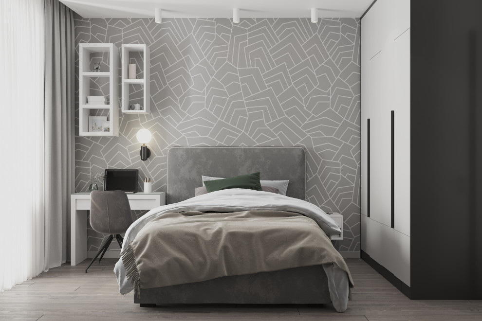 Спальня с рабочим столом в серых тонах