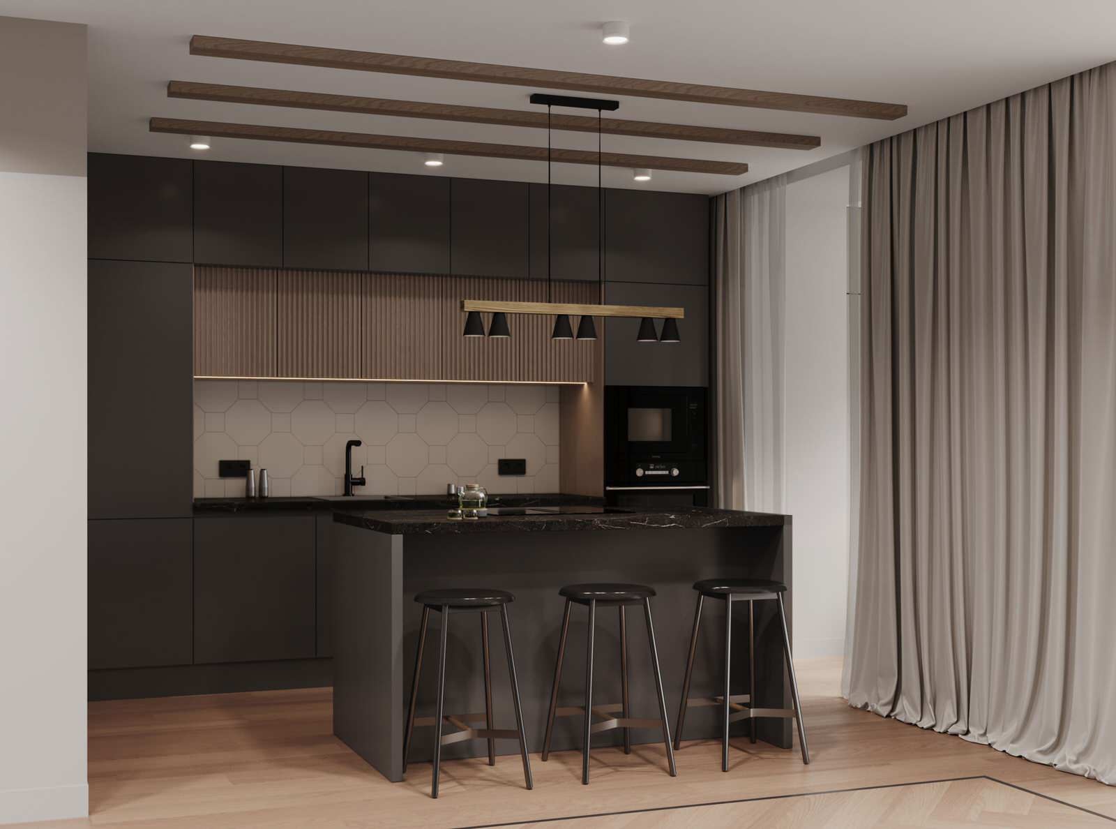 Современный интерьер с яркими акцентами и геометрическими формами