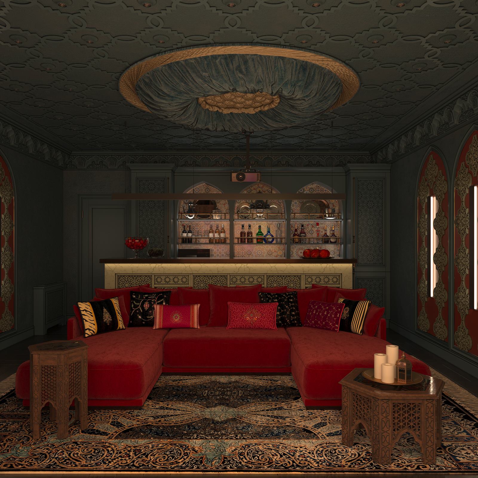 Интерьер Кинозала в цокольном этаже загородного дома в Восточном стиле