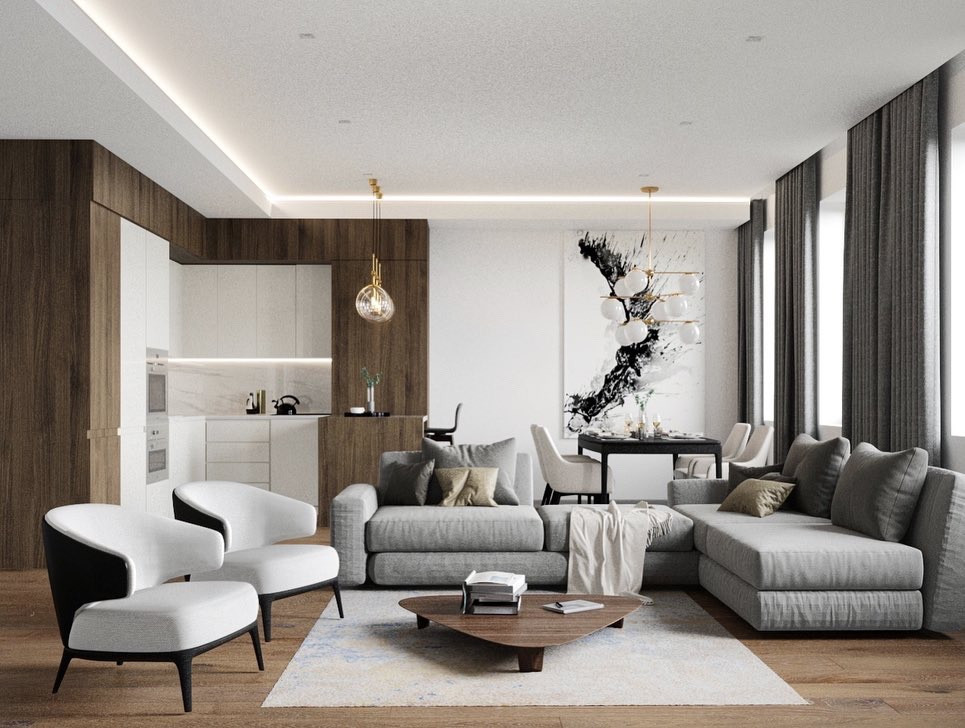 Обложка проекта: Современная гостиная с кухней и столовой зоной