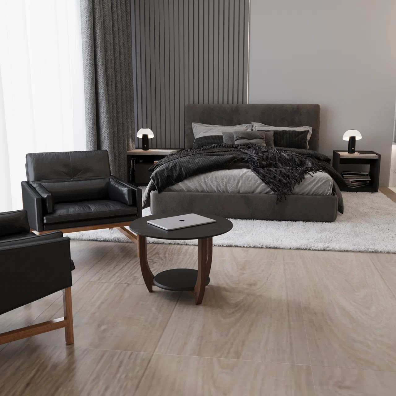 Журнальный столик ДОМОВОЙ в гостиной с кожаным диваном