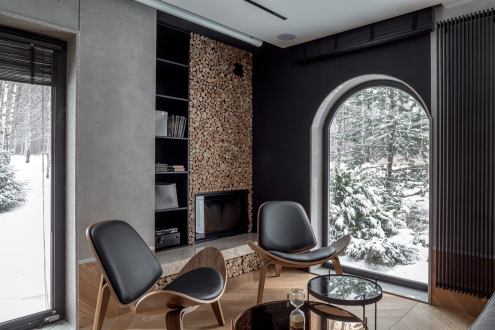 Глянцевая кухня с бетонной стеной