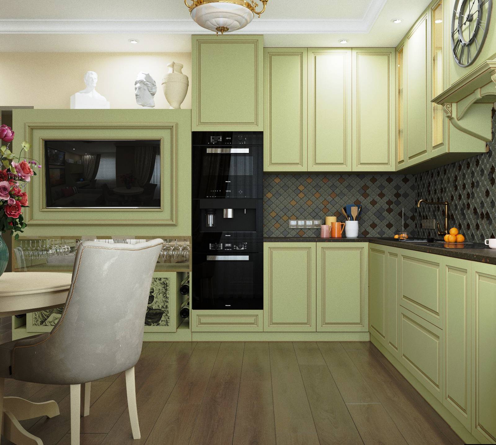Кухня в оливковых тонах с винным шкафом, стиль новая классика