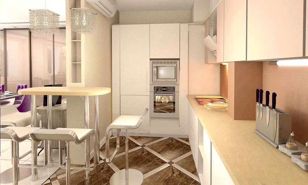 Трехкомнатная квартира.Кухня.Кухонное пространство длинное, но узкое