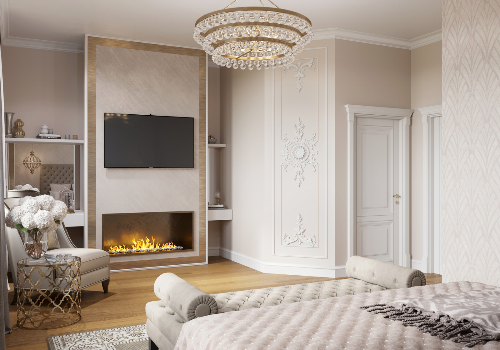 Элегантная спальня с камином