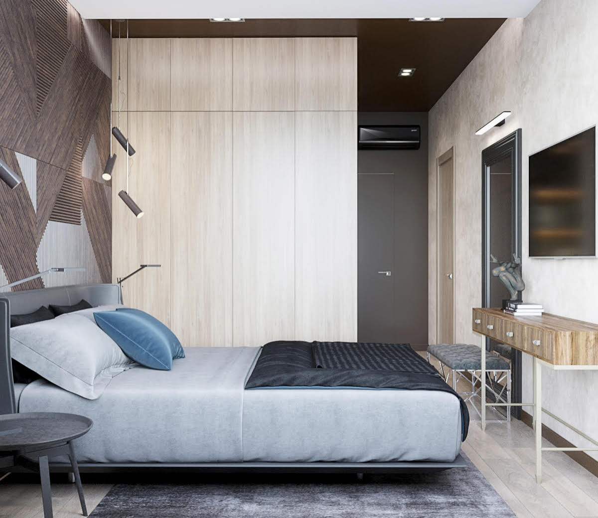 Спальня с 3D панно и черным потолком