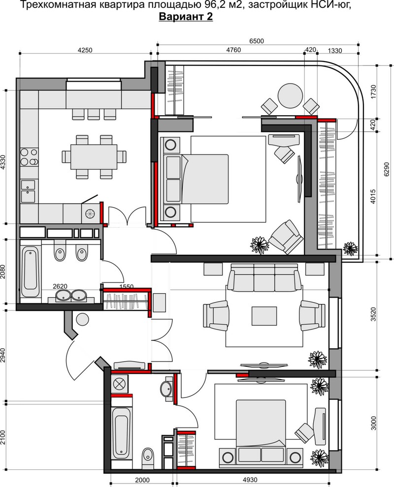 Варианты перепланировки трехкомнатной квартиры+исходный план от застройщика