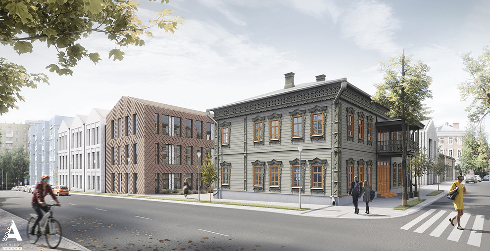 Небольшой офисный комплекс со сложной кирпичной кладкой