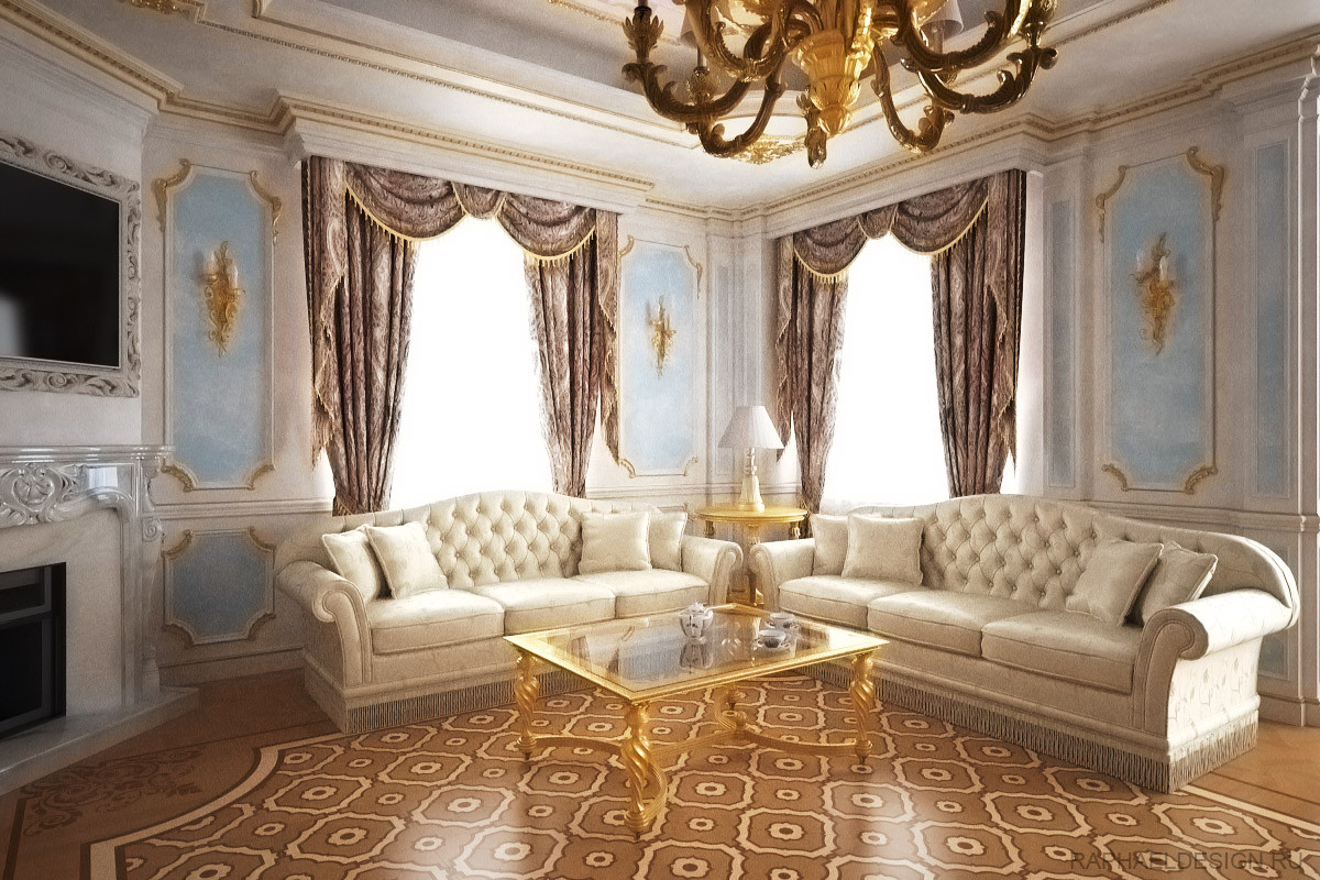 Дизайн интерьера гостиной загородного дома в классическом стиле