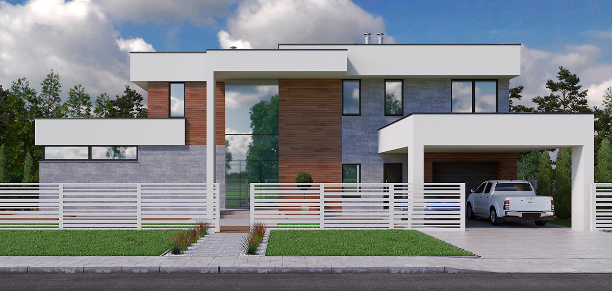 Современный дом с баней на одном участке у леса