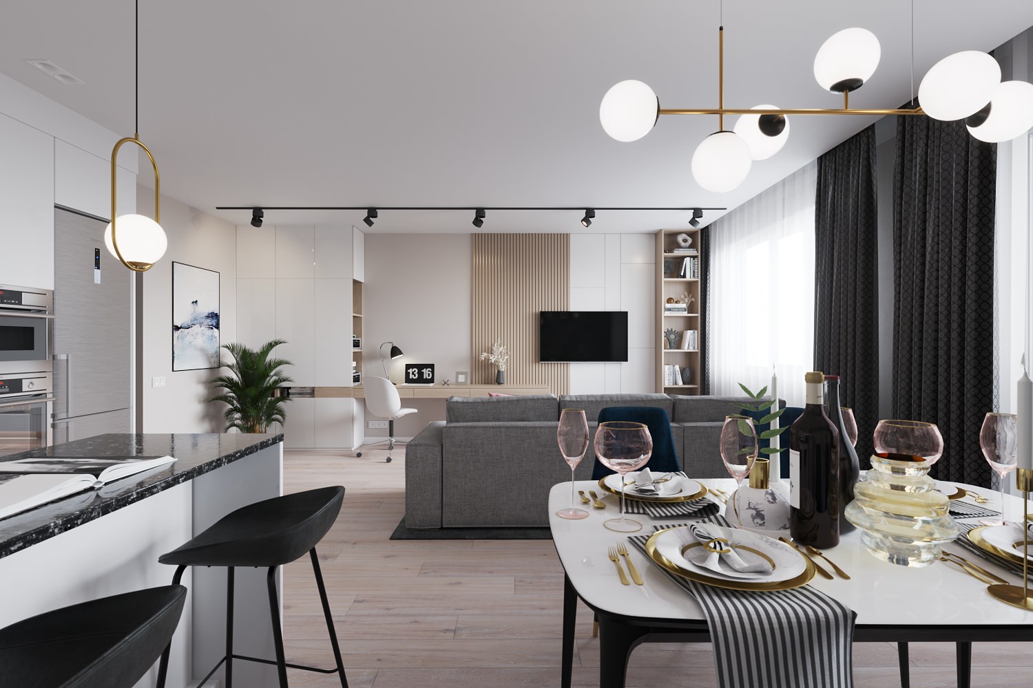 Кухня-гостиная с акцентной фреской