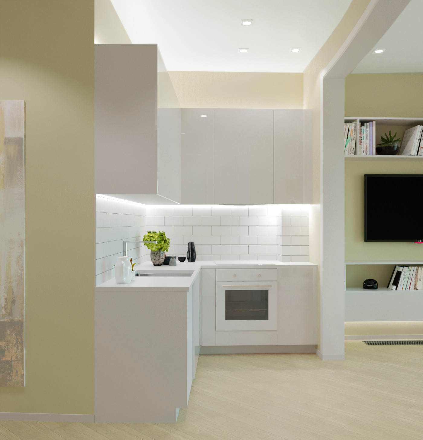 Кухня в белых,глянцевых тонах.