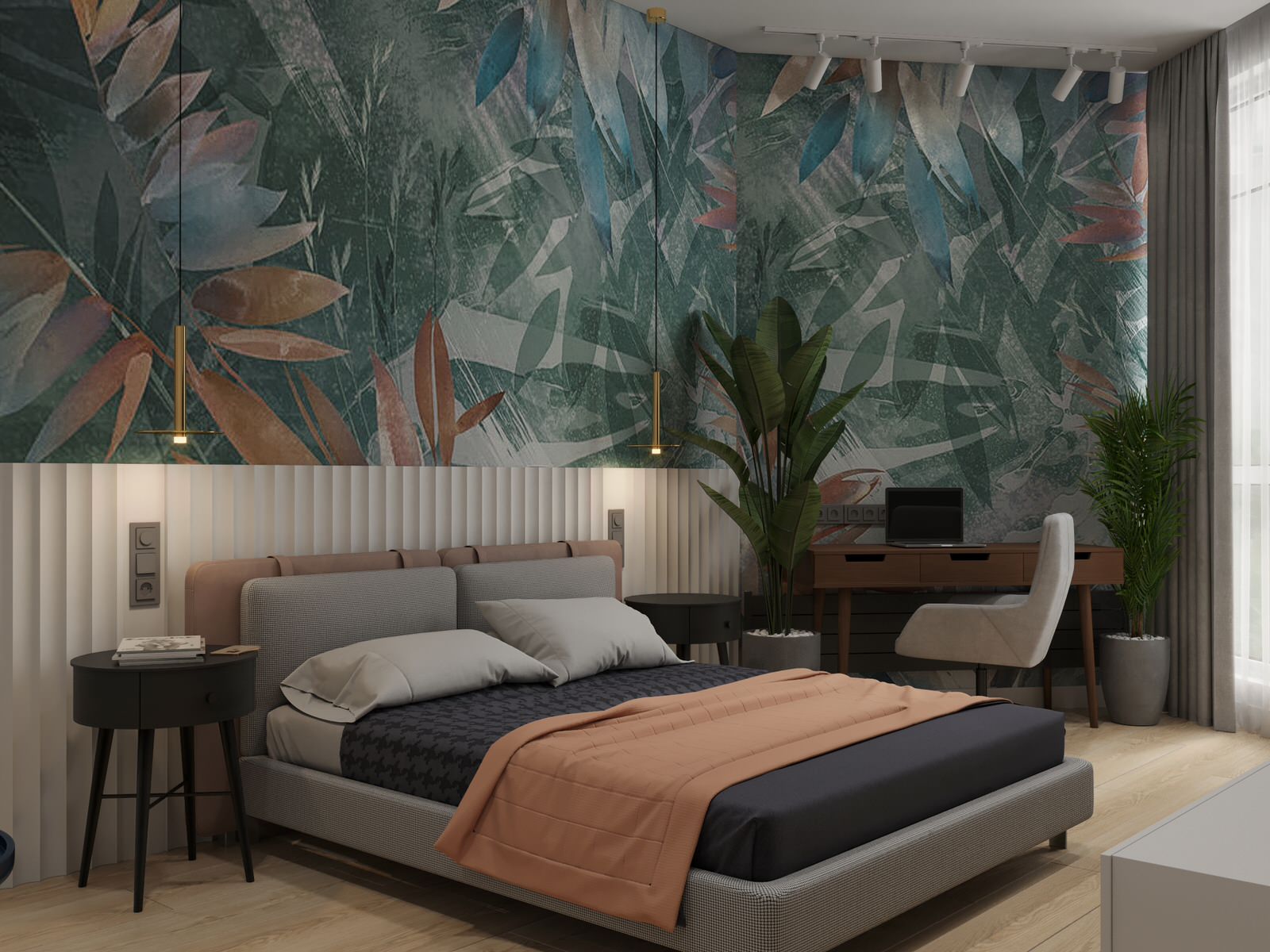 Обложка проекта: Спальня с тропическими обоями