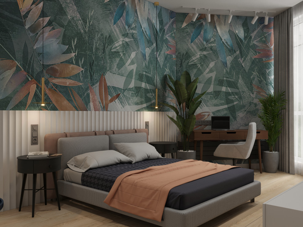 Обложка проекта: Спальня с тропическими обоями
