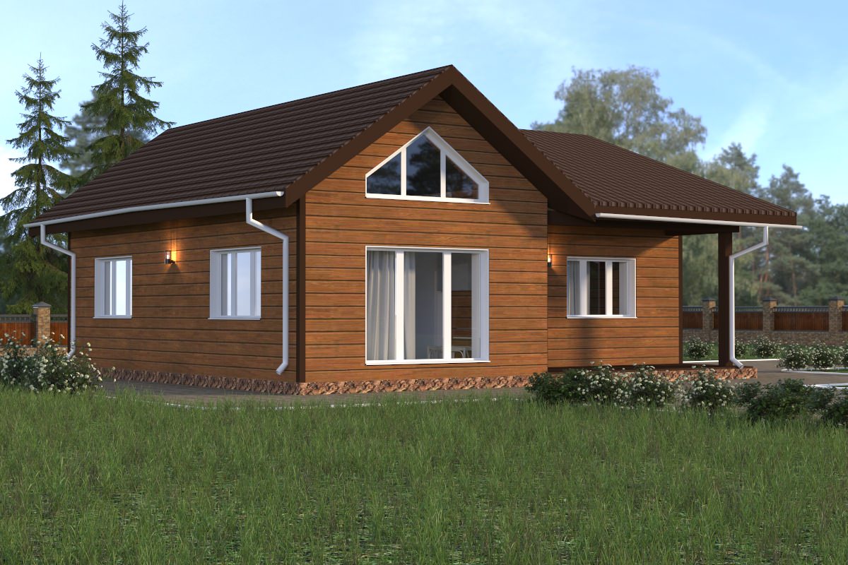 Проект одноэтажного дома 90 м2 в стиле шале с обшивкой из сайдинга под дерево
