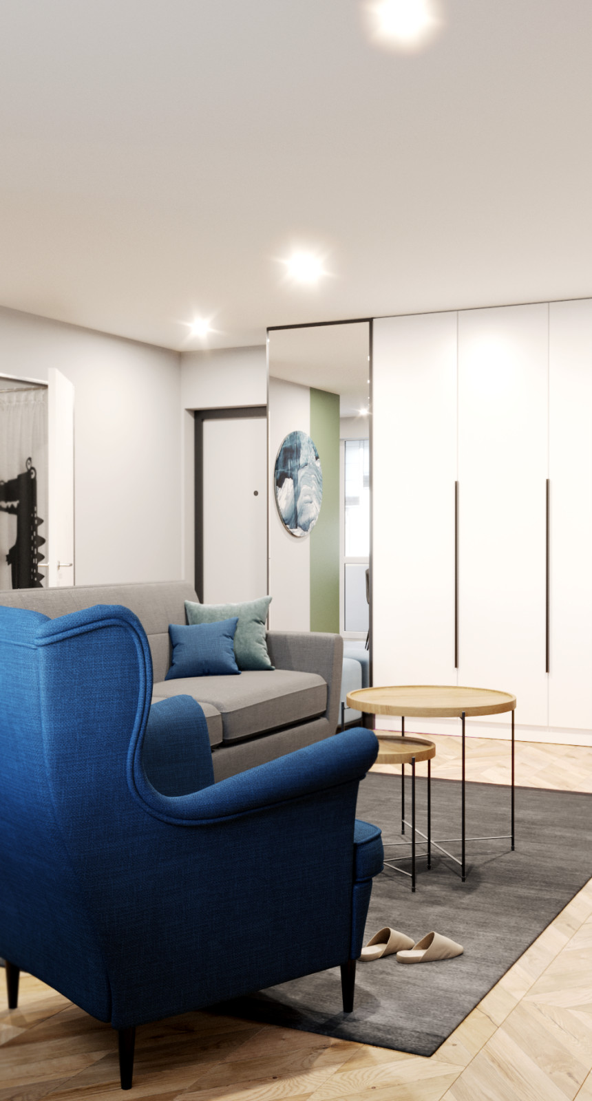 Гостиная, совмещённая с кухней, в природных тонах