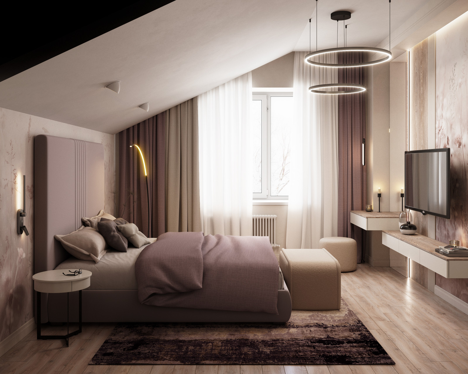 Кровать с высоким мягким изголовьем и дополнительным освещением для чтения