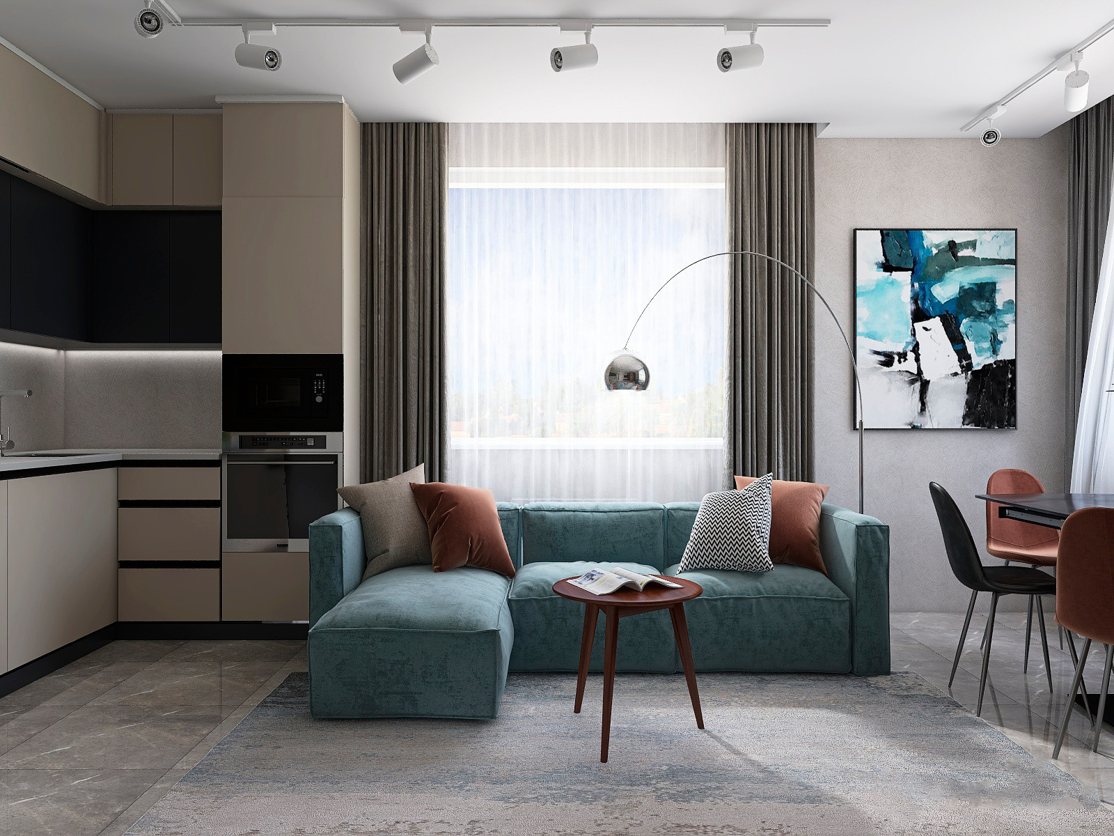 Холостяцкая гостиная 35 м2 в загородном доме