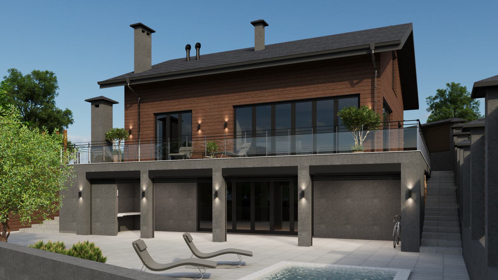 2-х этажный дом на уклоне с мансардным этажом