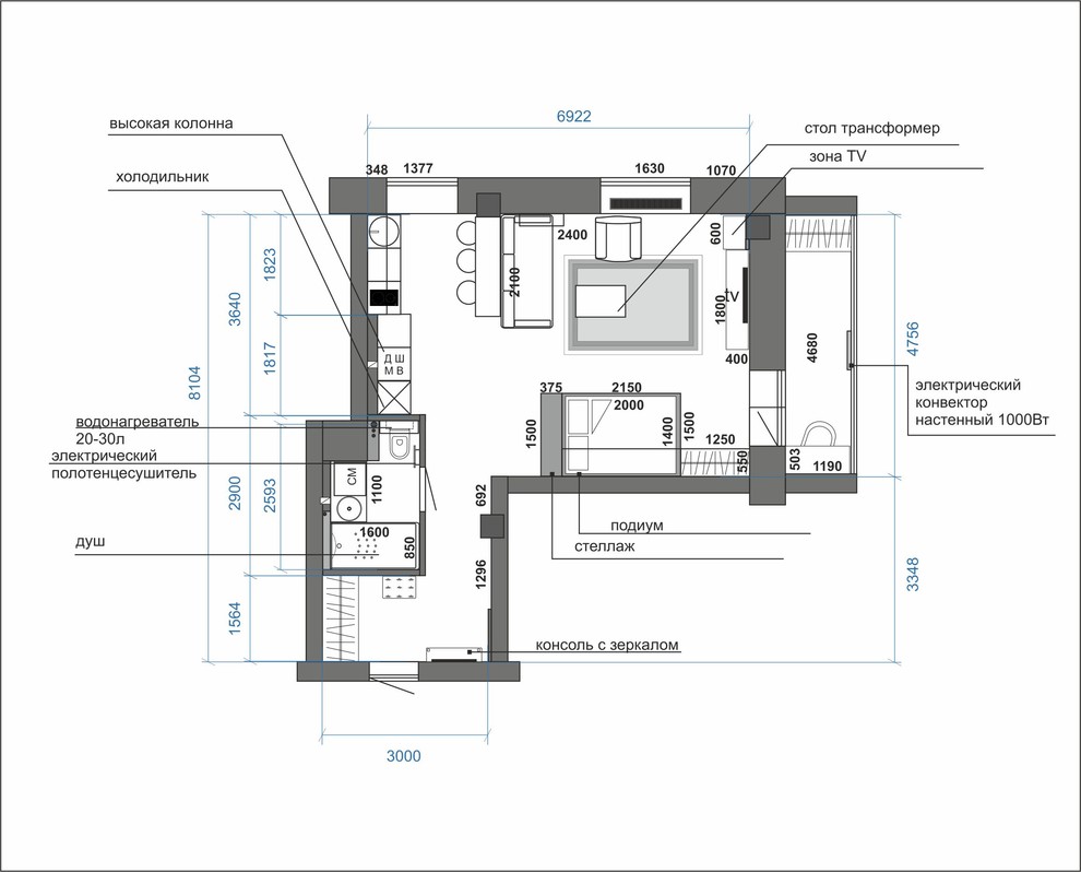 Квартира студия с тремя окнами по двум фасадам