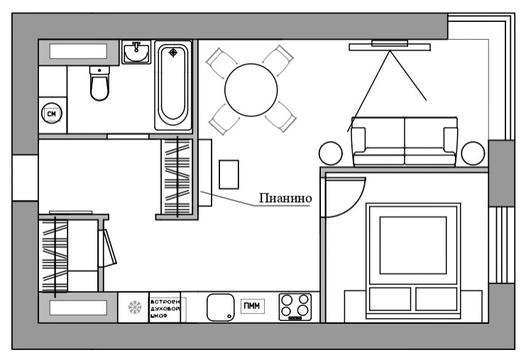 Поиск планировки: «Однушка» с кухней в коридоре и зоной для йоги