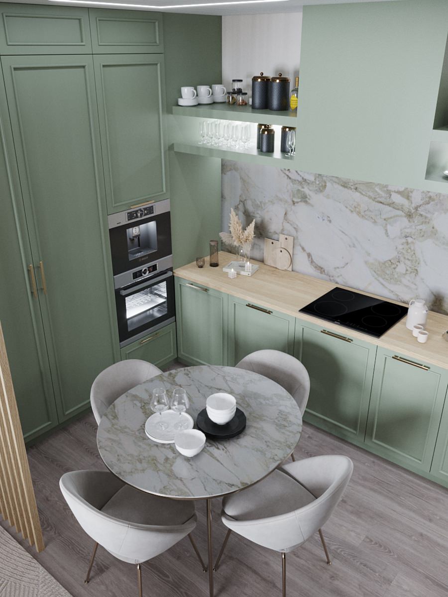 Дизайн кухни-гостиной в оливковом цвете