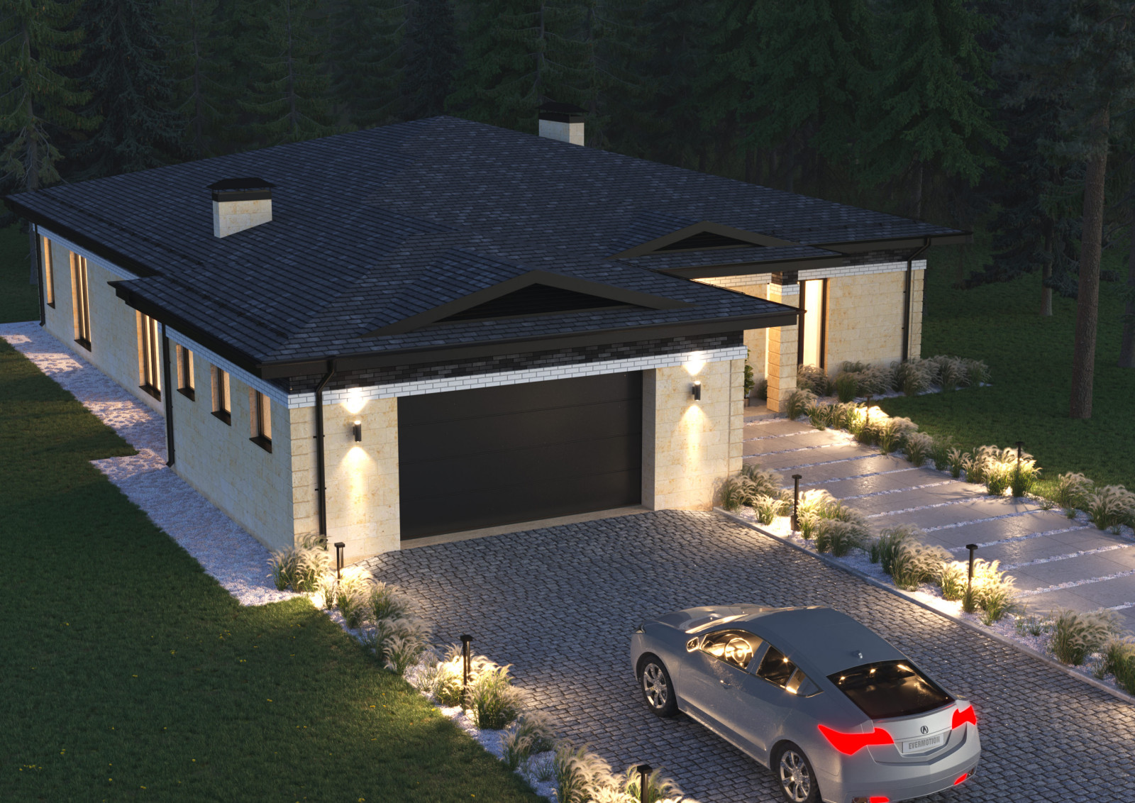 Проект 1-этажного 5-комнатного жилого дома в стиле Райта