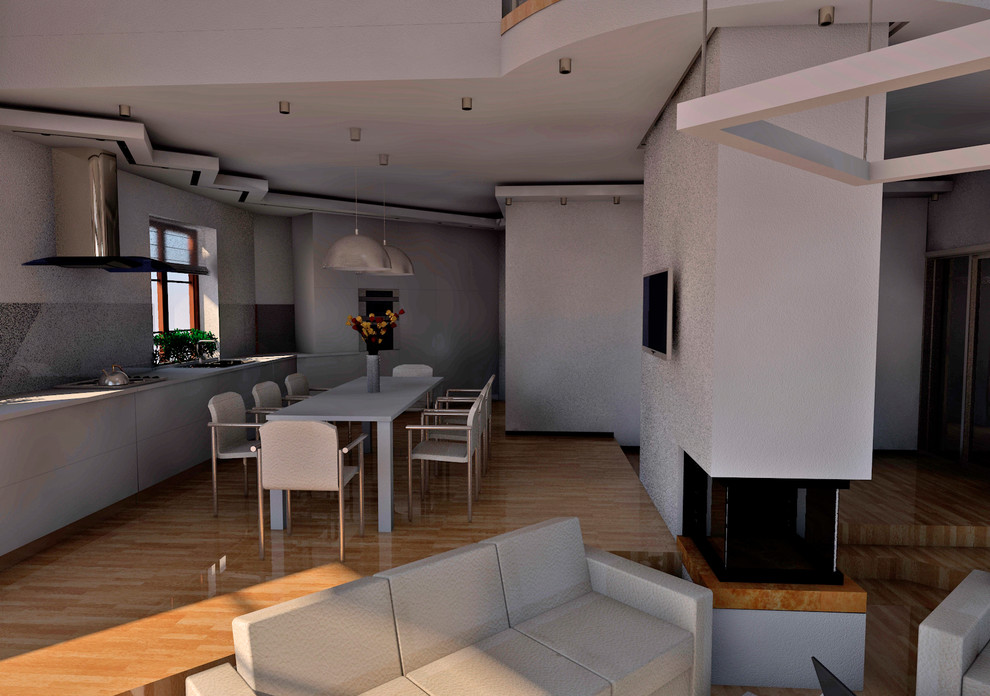 Общее пространство - прихожая, кухня, столовая, гостиная, лестница.