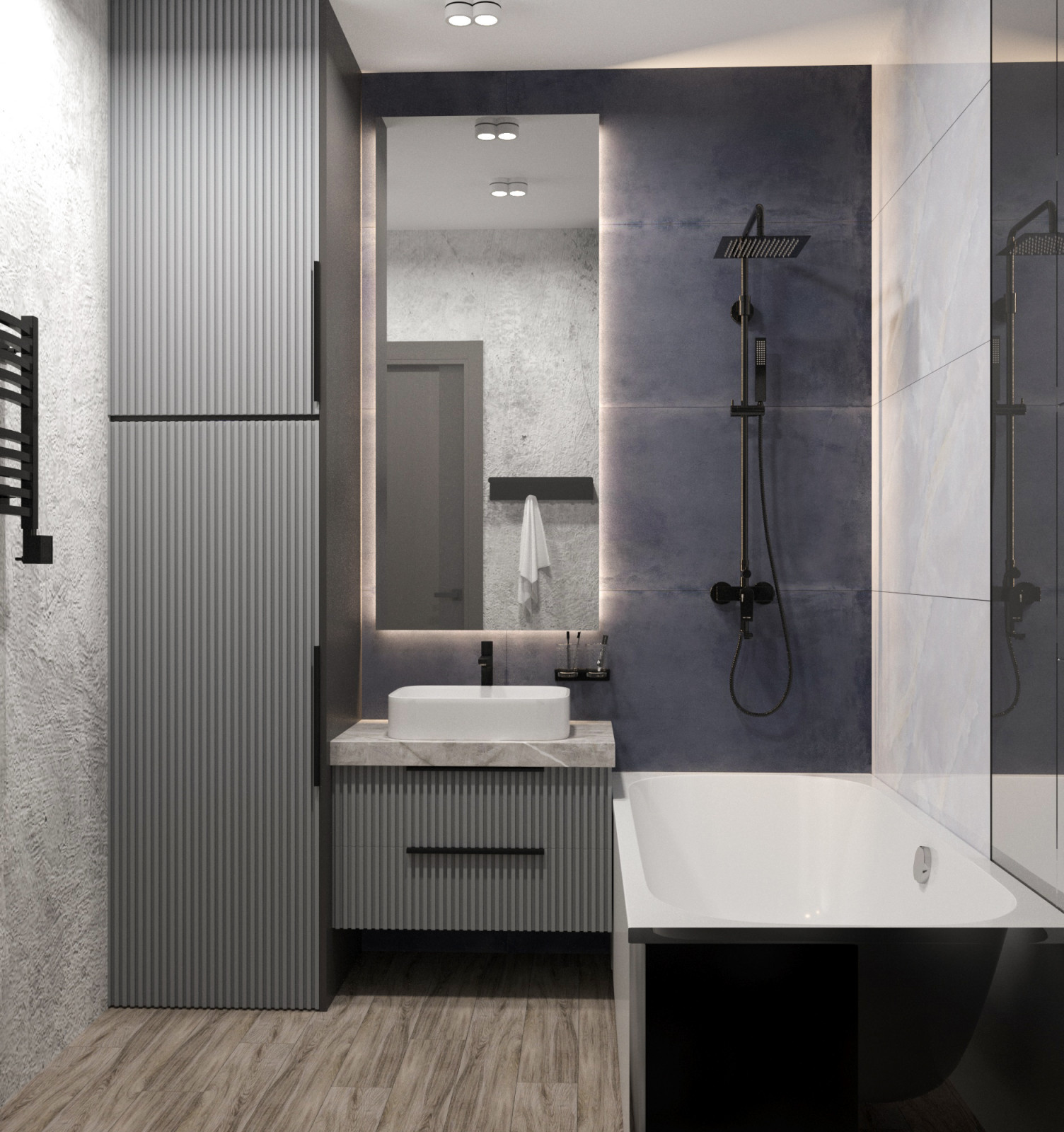 Просторная квартира в синими стенами