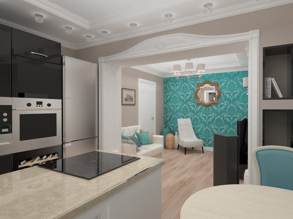 Кухня гостиная с бирюзовыми обоями