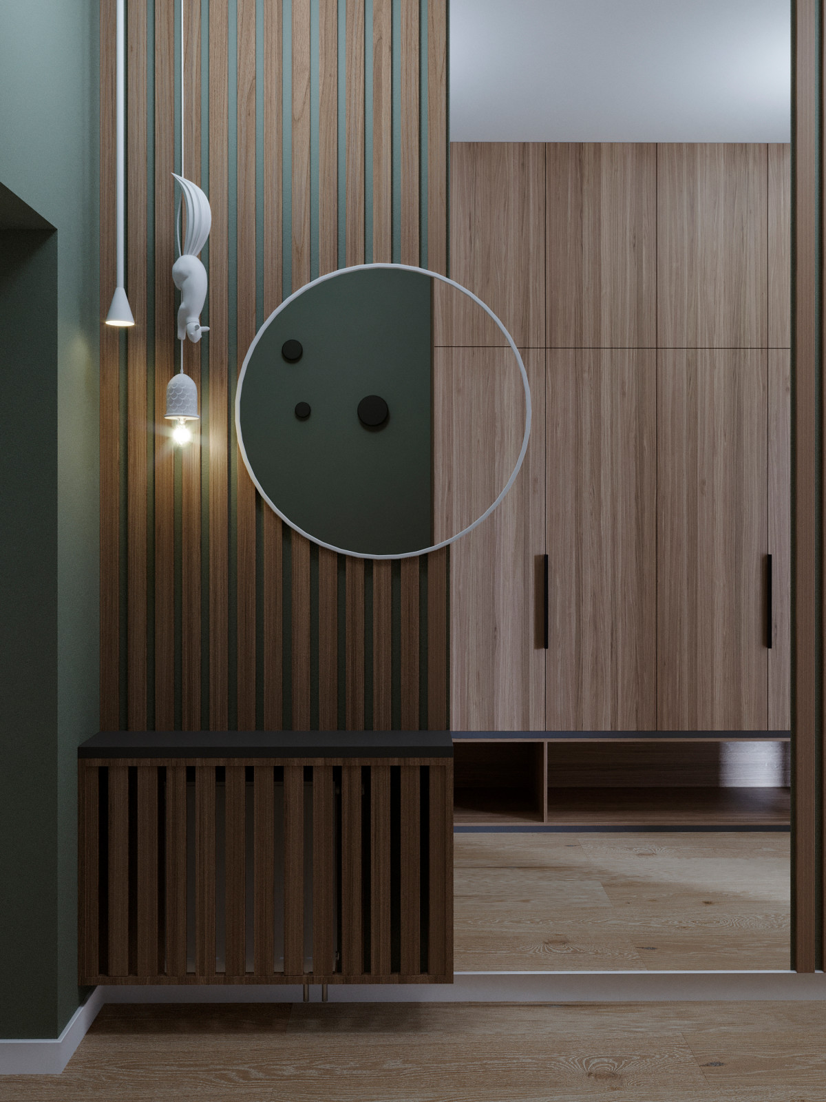 Современный интерьер дома с акцентами лестного цвета