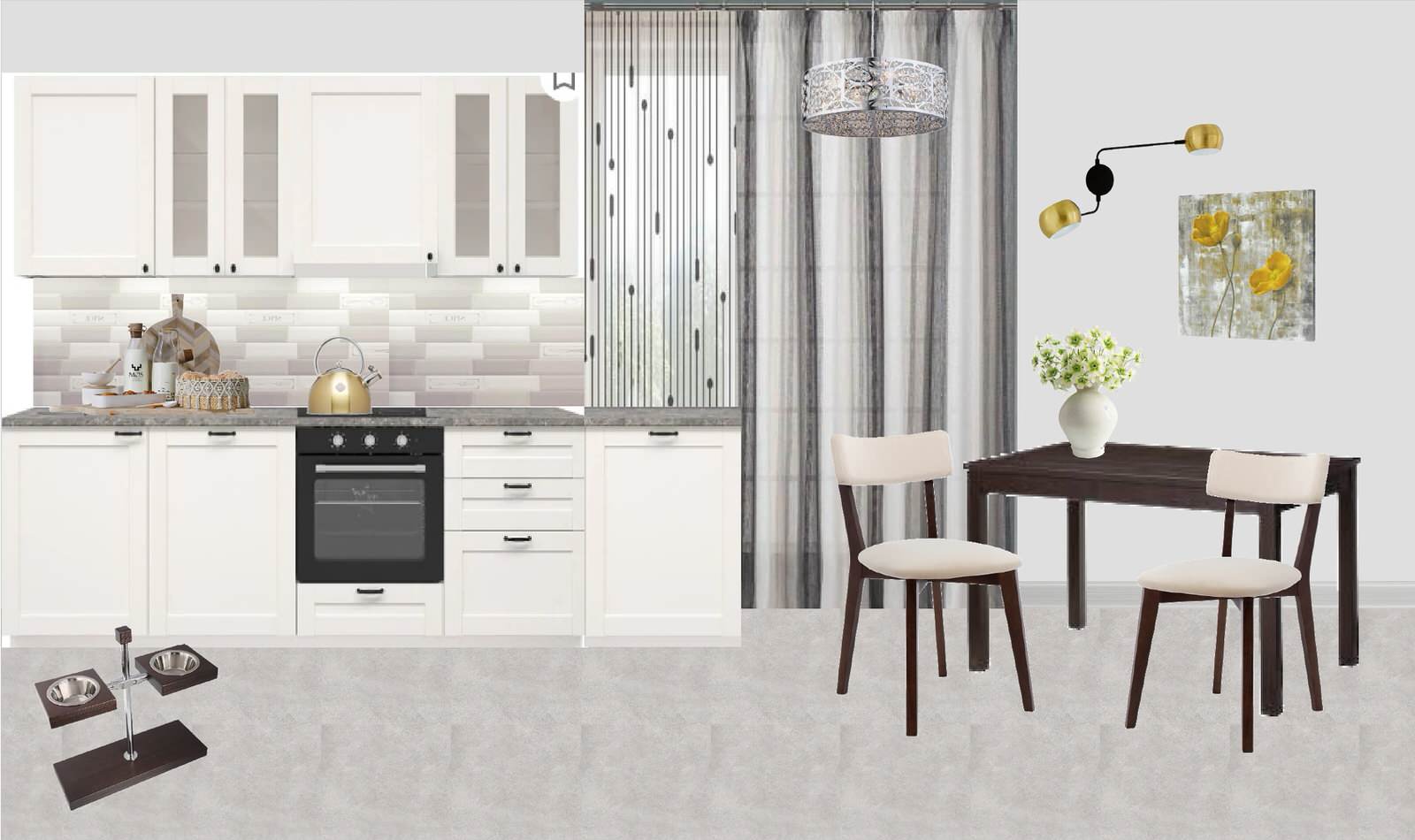 Коллаж кухни 8,6 кв. метра со столовой зоной и местом для кормления питомцев