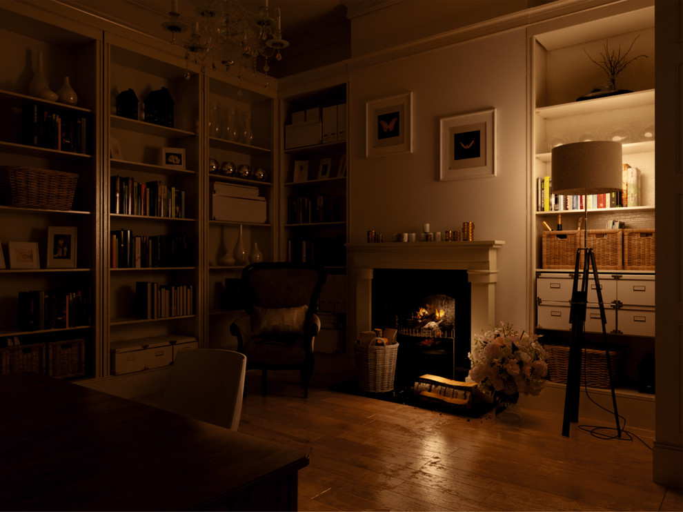 Библиотека, в загородном доме, на побережье.