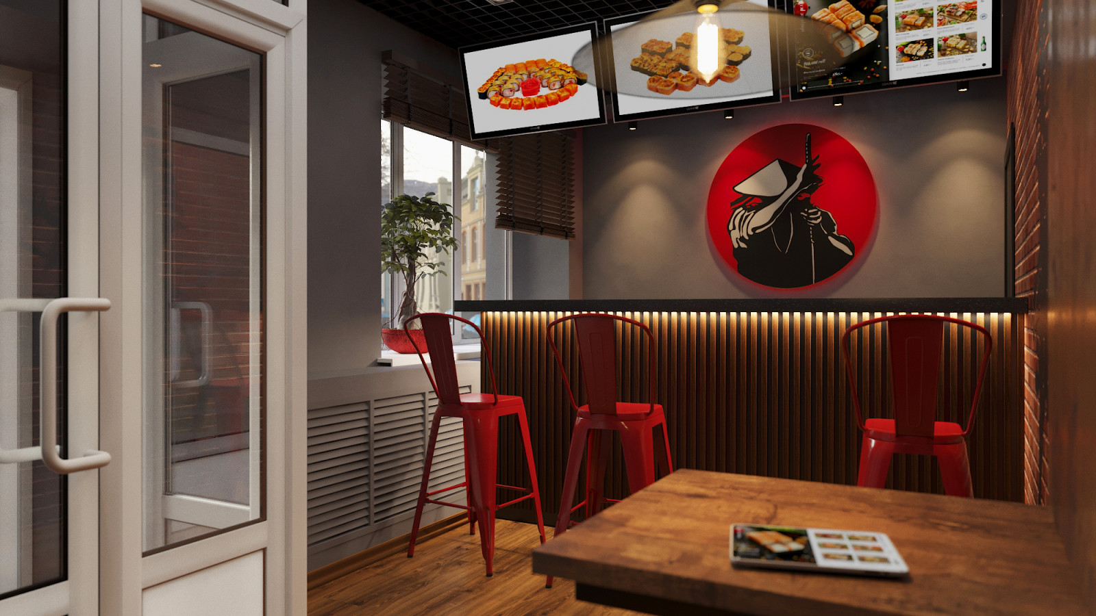 Интерьер ресторана и быстрой доставки суши и пиццы в городе Кострома