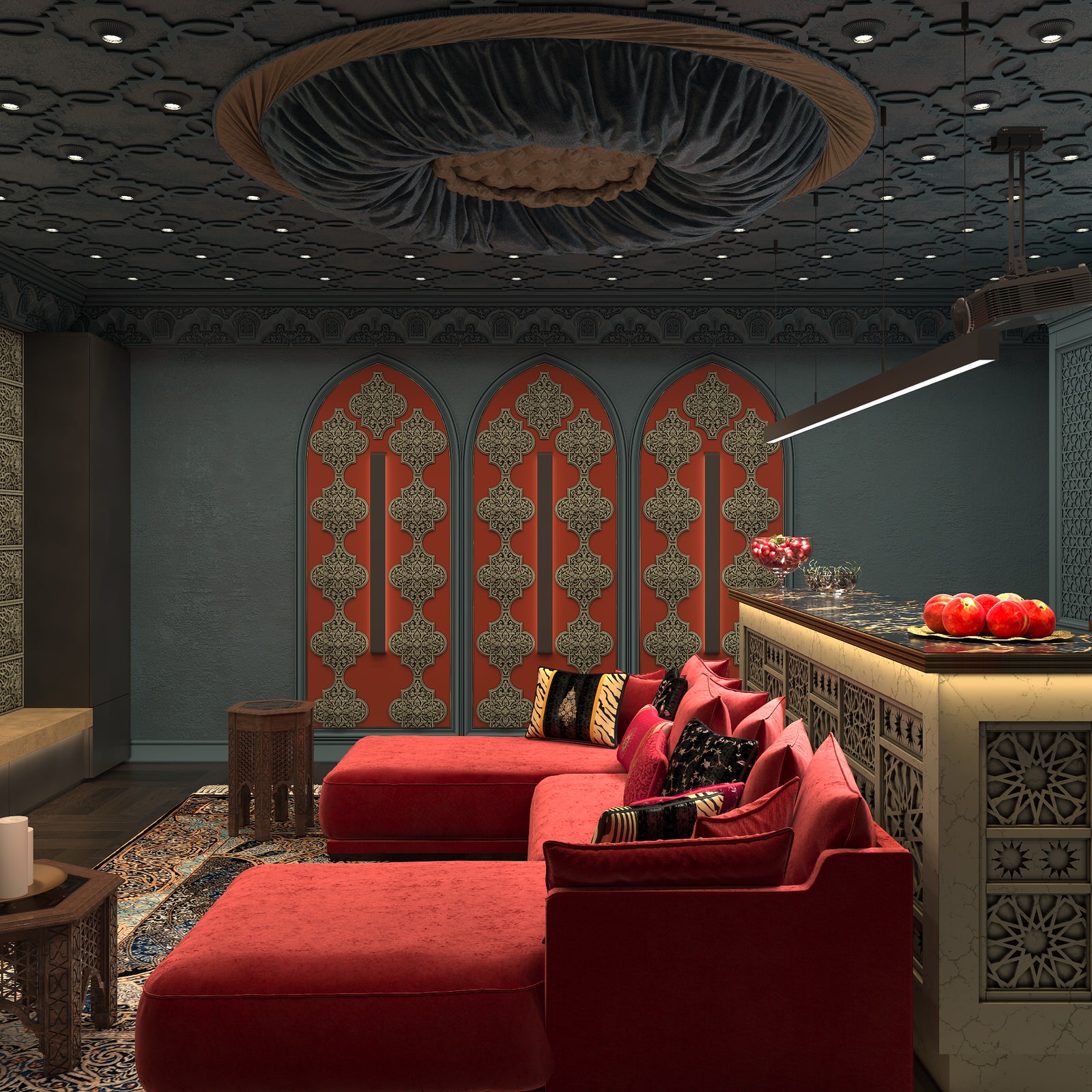 Интерьер Кинозала в цокольном этаже загородного дома в Восточном стиле