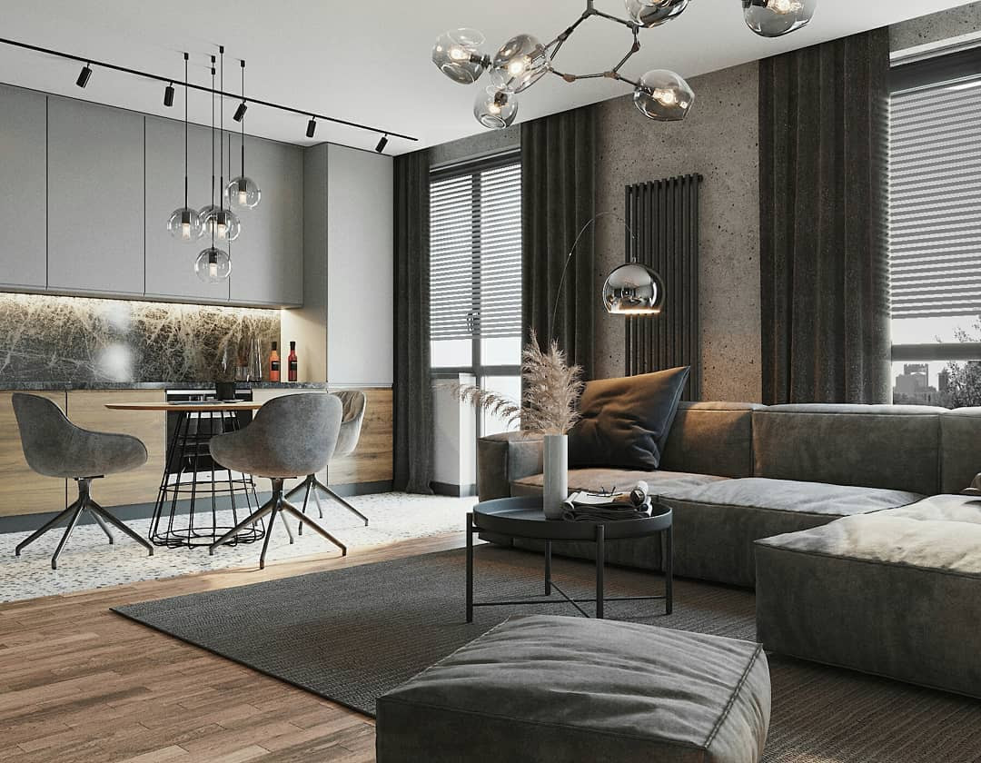 Современная кухня-гостиная для тех, кто не боится темные оттенки