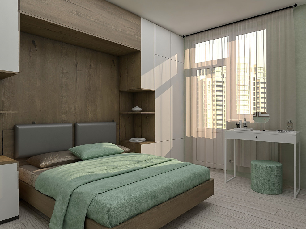 Спальня с системой хранения в изголовье кровати