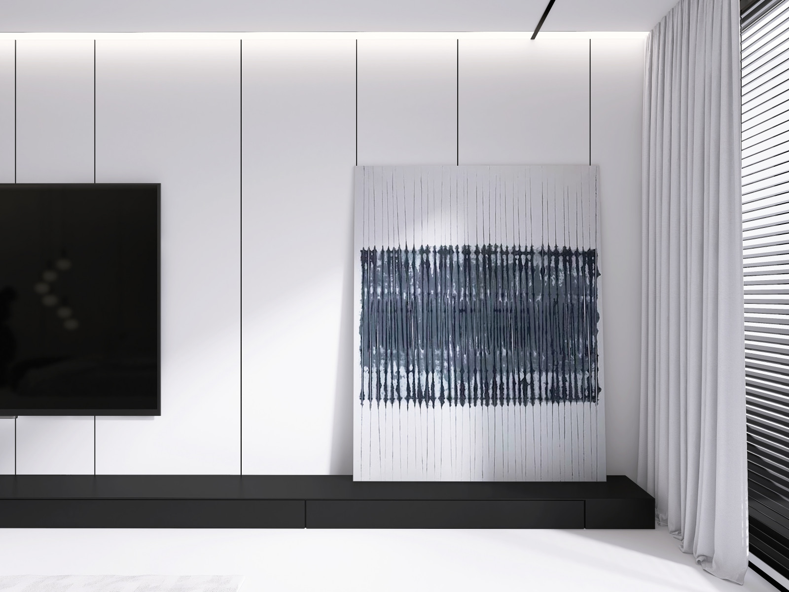 Белая спальня в стиле минимализм.  Основная чертами этой спальни это большая гар