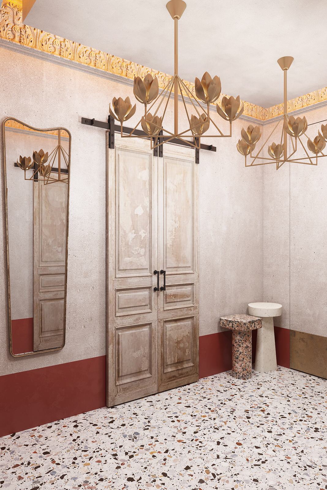 Проходной коридор между санузлом, гардеробной и основной частью дома