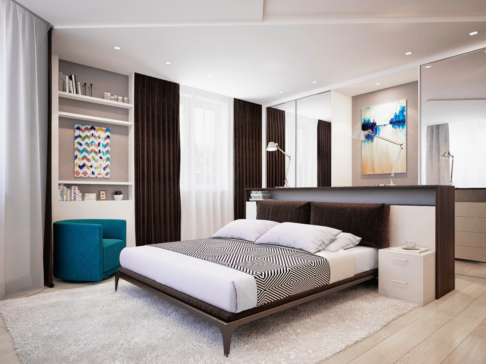 Дизайн интерьера спальни с эркером. Современный стиль.