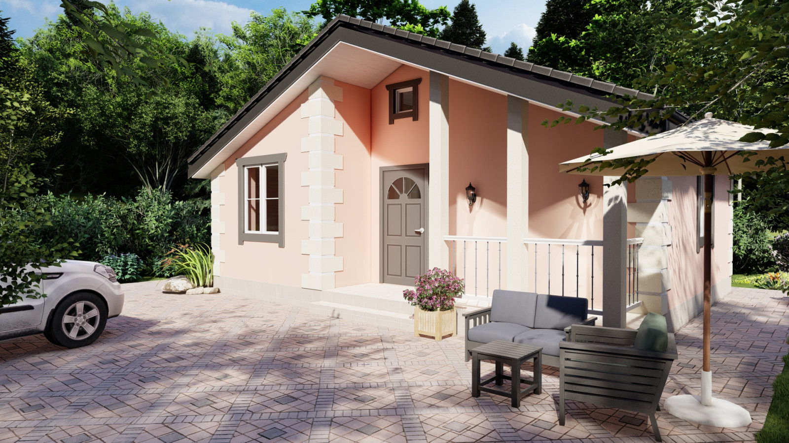 Обложка проекта: Одноэтажный дачный дом 7х8  61 квадратный метр из газобетона под ключ